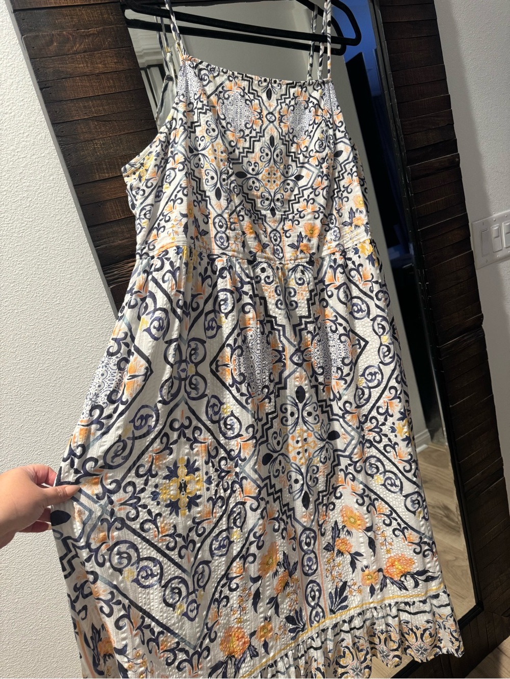 Anthropologie Ivory Maxi Dress with Navy Tile & Yellow Floral Print - Picture 6 of 7